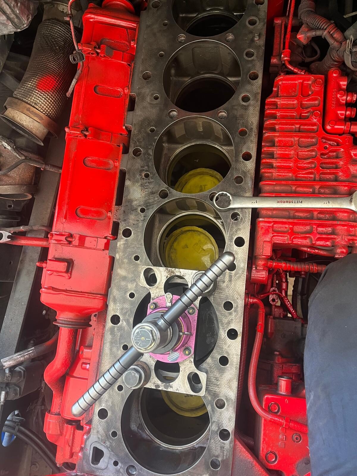 Open diesel engine block with cylinders exposed
