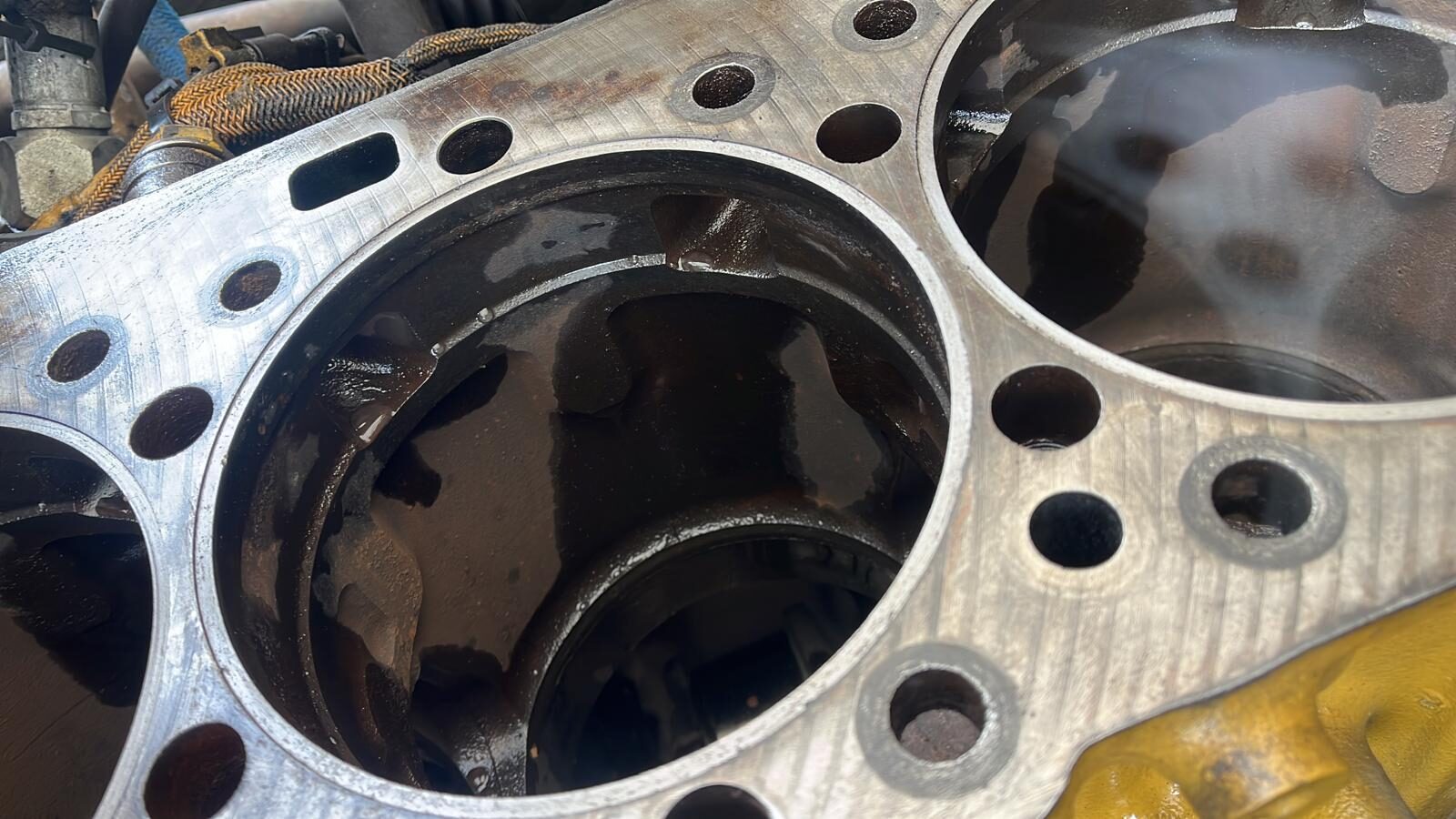 Close-up of a cylinder bore on a diesel engine