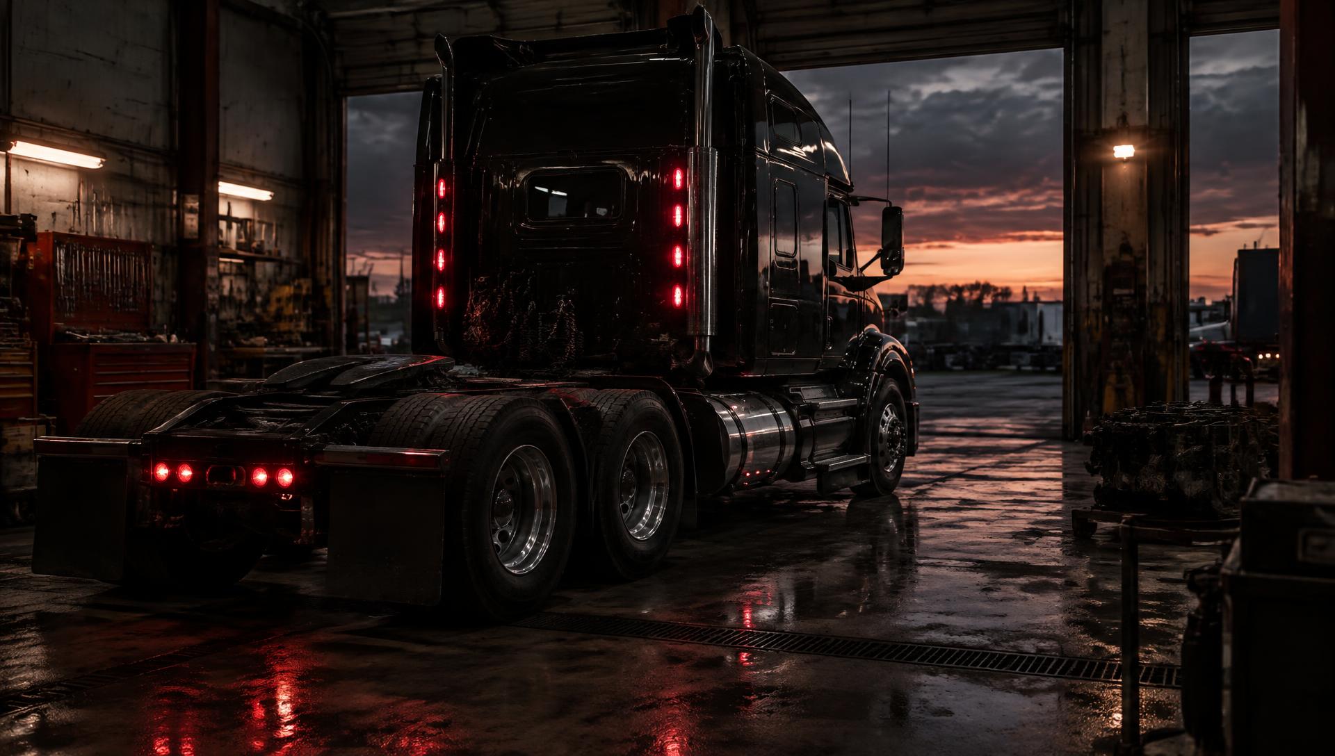 Heavy-duty semi truck inside a diesel repair shop in Orlando